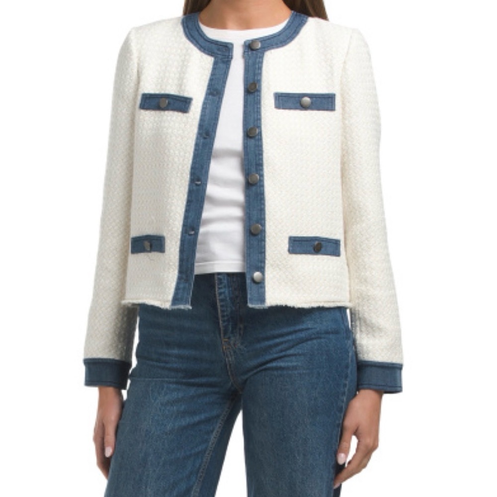 Ecru White Textured Boucle Jacket Denim Trim Button Front NWT Size L